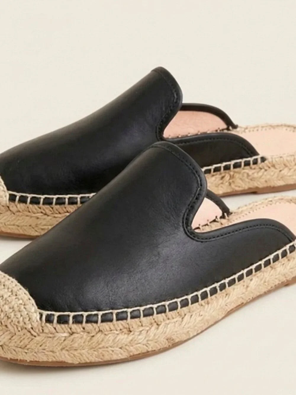 J. Crew Black Leather Slip On Espadrilles Flats Coastal Minimalist Size 7.5